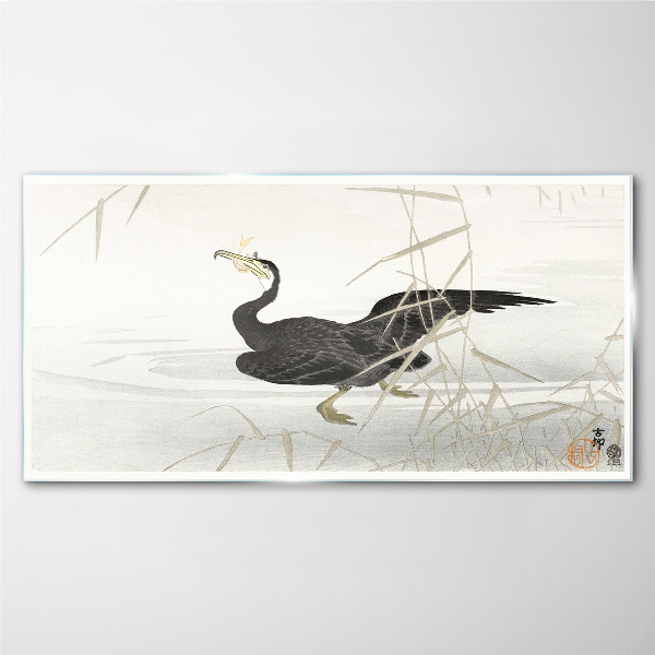 Black cormorant among the reeds Glass art print