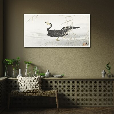 Black cormorant among the reeds Glass art print