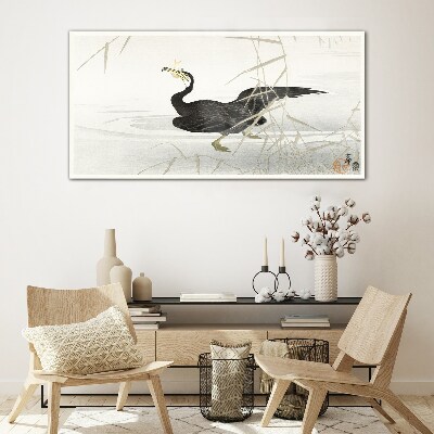 Black cormorant among the reeds Glass art print