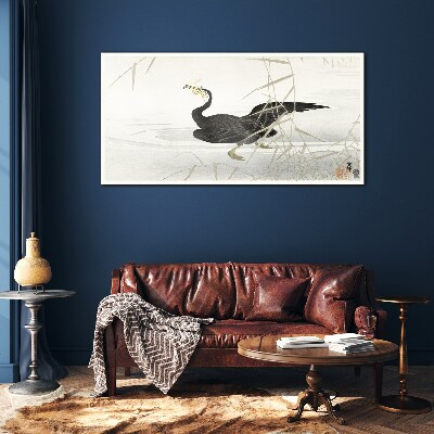 Black cormorant among the reeds Glass art print