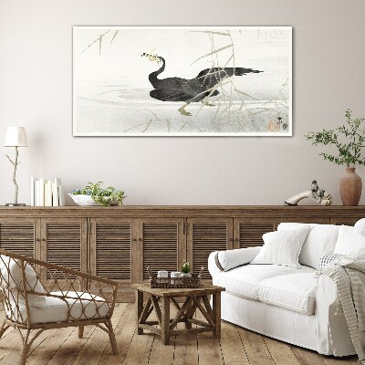 Black cormorant among the reeds Glass art print