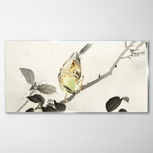 Golden bird on a branch Wall art on glass