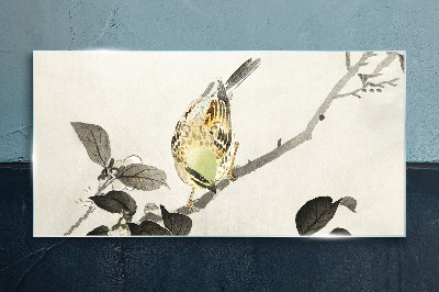 Golden bird on a branch Wall art on glass