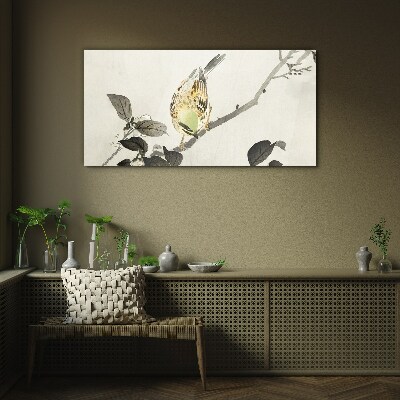 Golden bird on a branch Wall art on glass