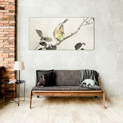 Golden bird on a branch Wall art on glass