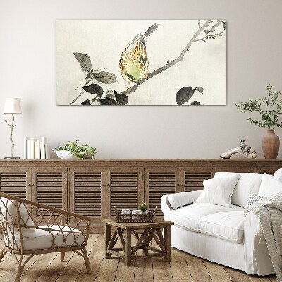 Golden bird on a branch Wall art on glass