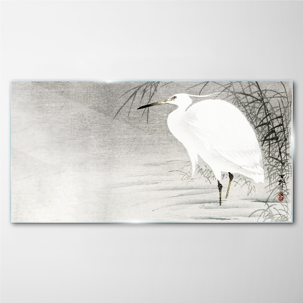 White crane in a misty landscape Wall art on glass