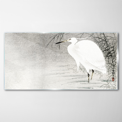 White crane in a misty landscape Wall art on glass