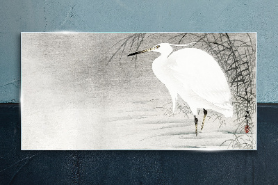 White crane in a misty landscape Wall art on glass