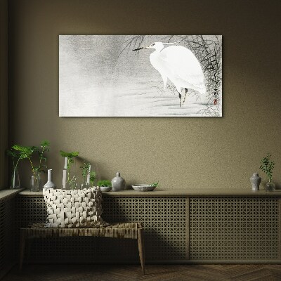 White crane in a misty landscape Wall art on glass