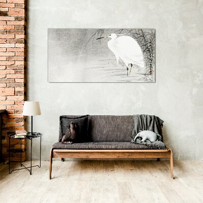 White crane in a misty landscape Wall art on glass