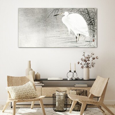White crane in a misty landscape Wall art on glass