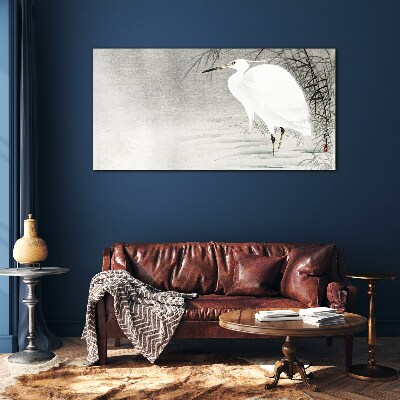 White crane in a misty landscape Wall art on glass