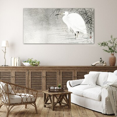White crane in a misty landscape Wall art on glass