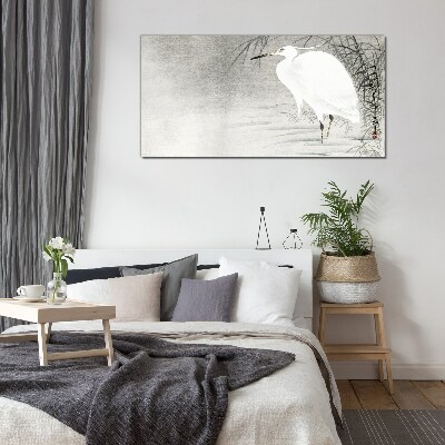 White crane in a misty landscape Wall art on glass