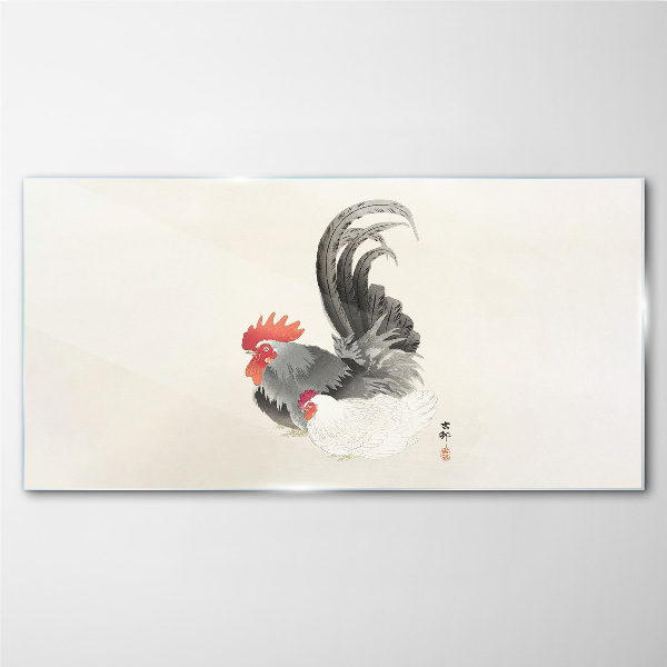 Rooster and hen in Japanese style Wall art on glass