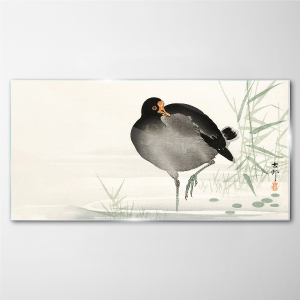 Bird on the grass background Glass art print