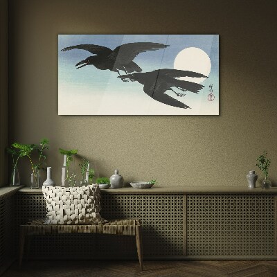 Black crows in flight Wall art on glass