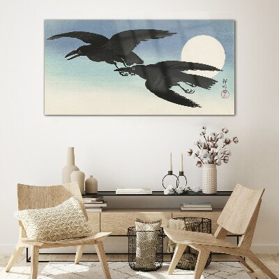 Black crows in flight Wall art on glass