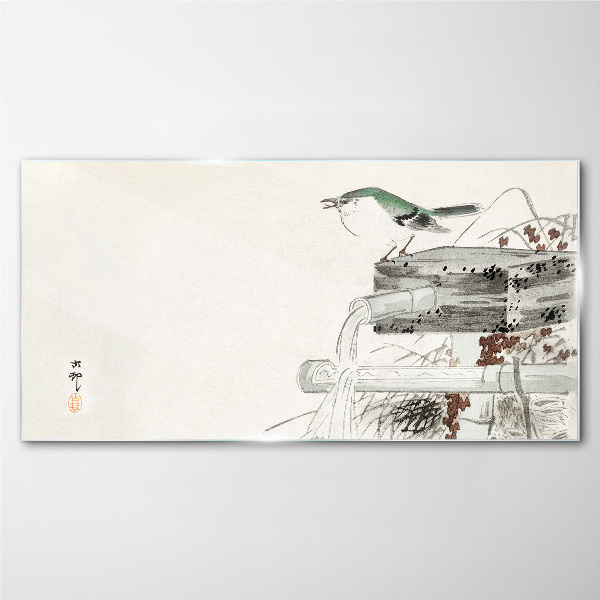 A bird in front of a Japanese landscape Wall art on glass