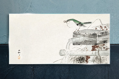 A bird in front of a Japanese landscape Wall art on glass
