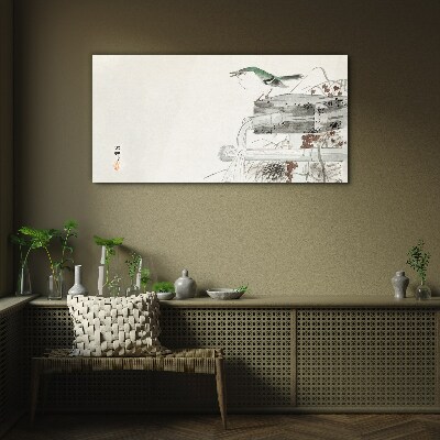 A bird in front of a Japanese landscape Wall art on glass