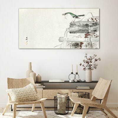 A bird in front of a Japanese landscape Wall art on glass