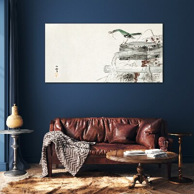 A bird in front of a Japanese landscape Wall art on glass