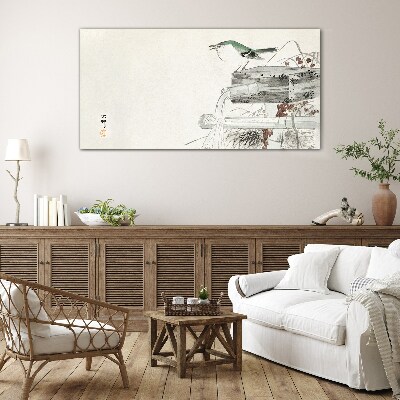 A bird in front of a Japanese landscape Wall art on glass
