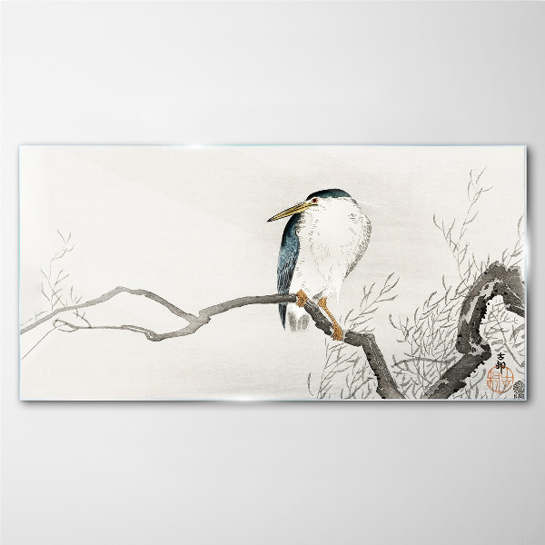 A bird on a branch in a delicate landscape Wall art on glass