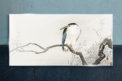 A bird on a branch in a delicate landscape Wall art on glass