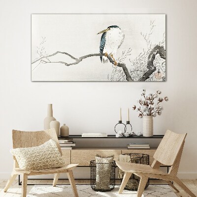 A bird on a branch in a delicate landscape Wall art on glass