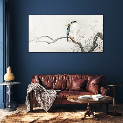 A bird on a branch in a delicate landscape Wall art on glass