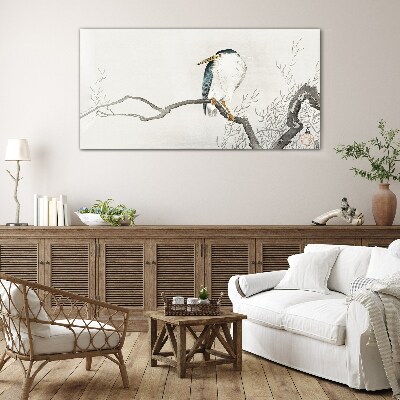 A bird on a branch in a delicate landscape Wall art on glass