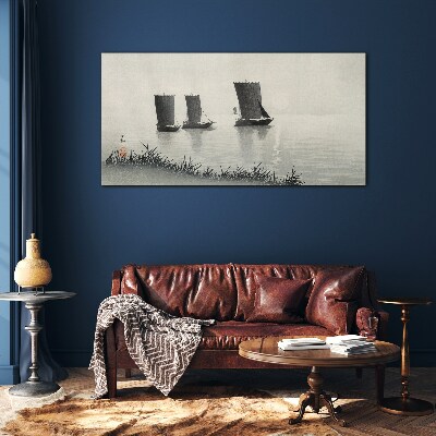 Water sky sea ships Glass Wall Art