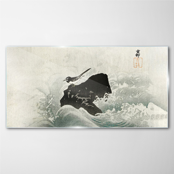A bird on a rock in the waves Wall art on glass