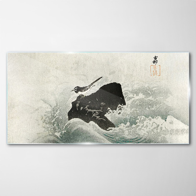 A bird on a rock in the waves Wall art on glass