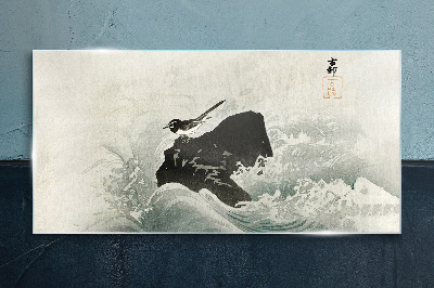 A bird on a rock in the waves Wall art on glass
