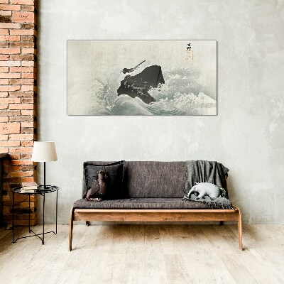 A bird on a rock in the waves Wall art on glass