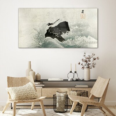 Water waves bird rock Glass Wall Art