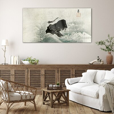 A bird on a rock in the waves Wall art on glass