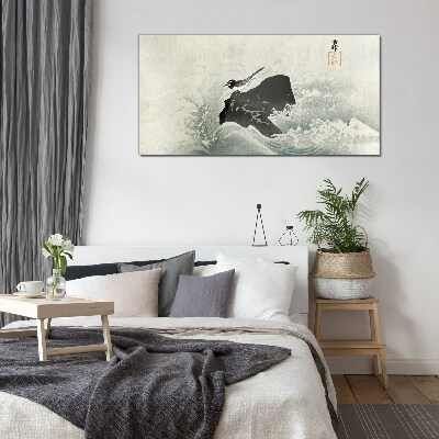 A bird on a rock in the waves Wall art on glass
