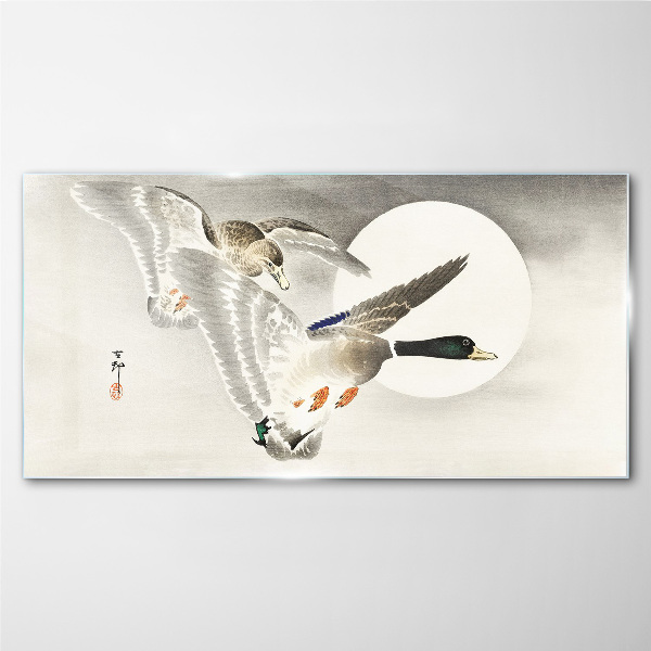 Flight of wild ducks in the moonlight Glass art print