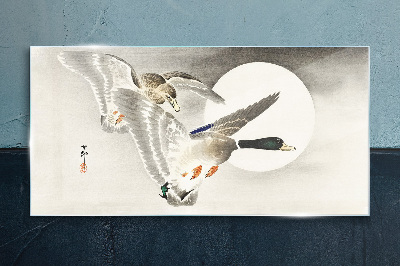 Flight of wild ducks in the moonlight Glass art print