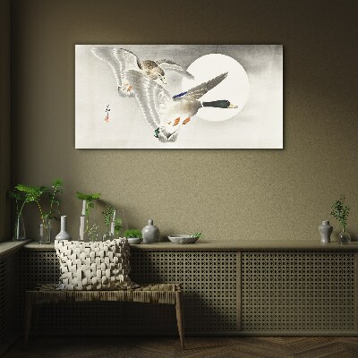 Flight of wild ducks in the moonlight Glass art print