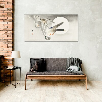 Flight of wild ducks in the moonlight Glass art print