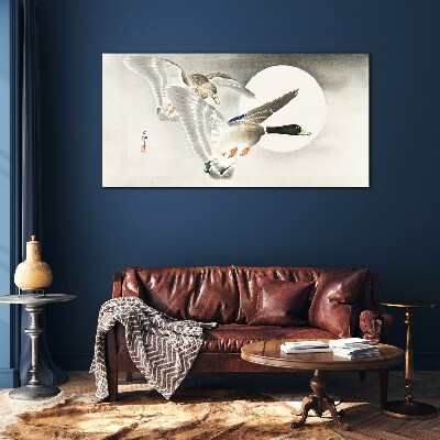 Flight of wild ducks in the moonlight Glass art print