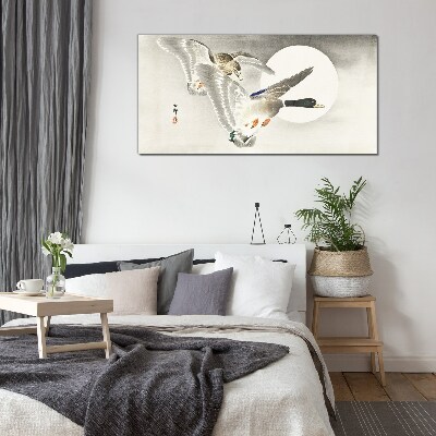 Flight of wild ducks in the moonlight Glass art print