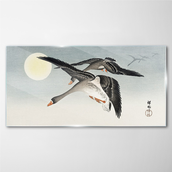 Geese in flight under the full moon Wall art on glass