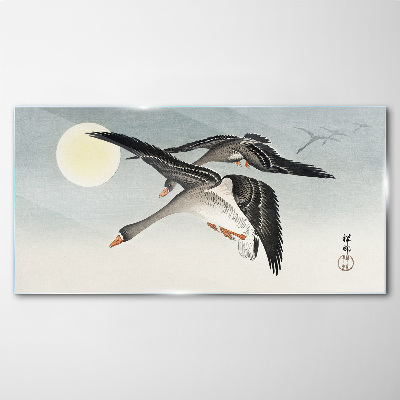 Geese in flight under the full moon Wall art on glass